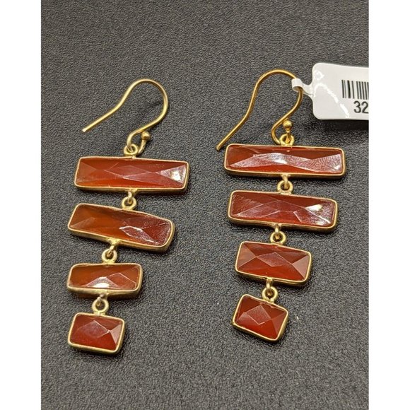 Faceted Orange Red Carnelian Gemstone Stone Dangle Gold Tone Hook Earrings - Picture 7 of 9